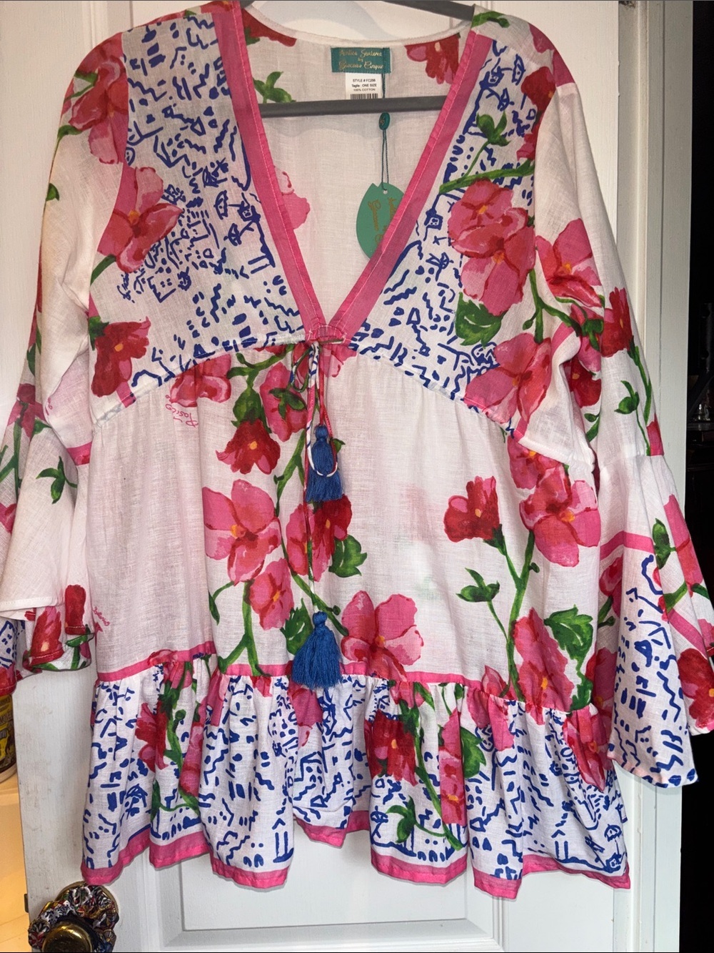 ANTICA SARTORIA RED PINK BLUE  WHITE COTTON FLORAL TOP/DRESS ONE SIZE